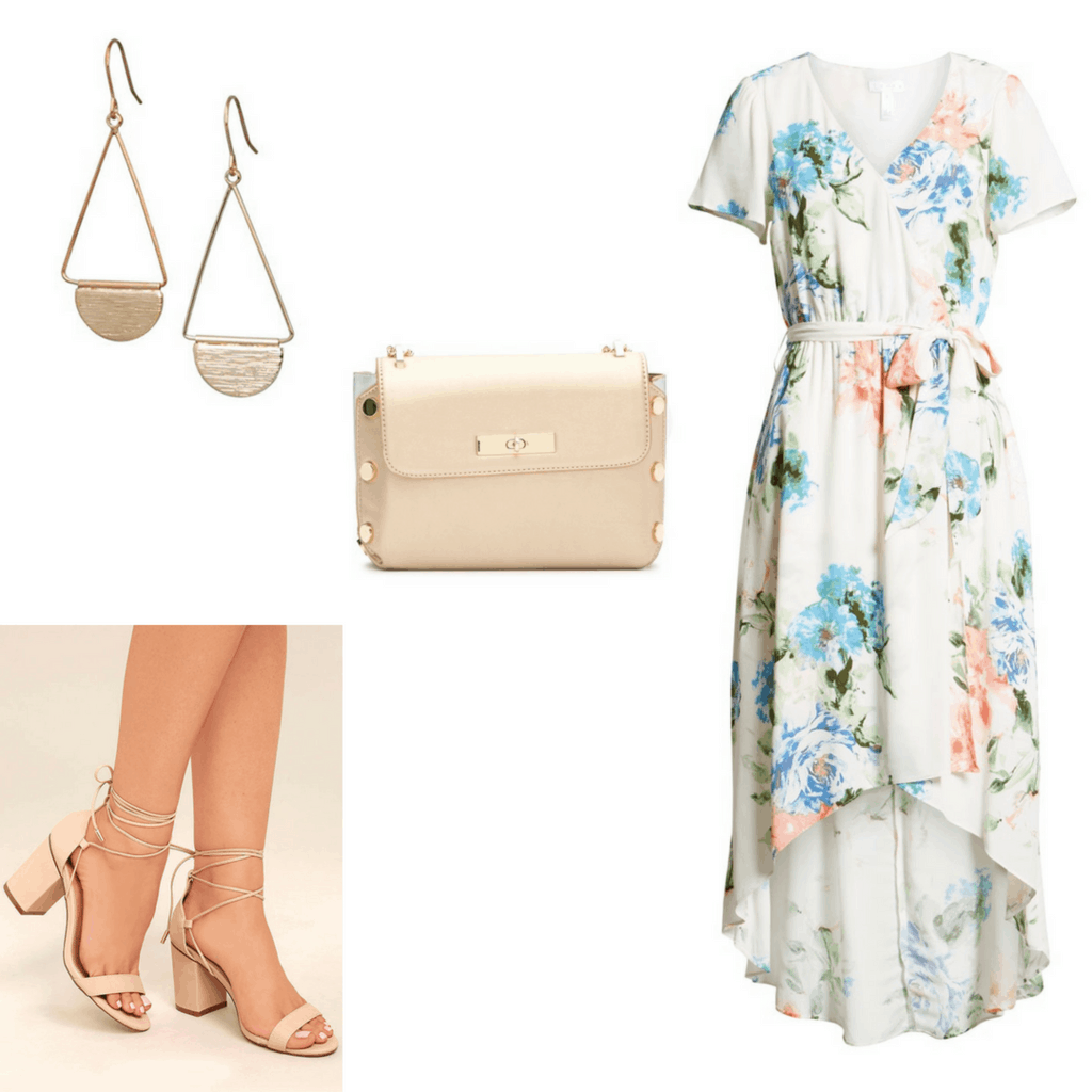 Get Rachel's look from Crazy Rich Asians: Water-Color Floral Dress; Pastel Pink Cross-body Bag with Metal Embellishments; Pendant Half-Circle Earrings; Chunky Tie-Up Nude Heels