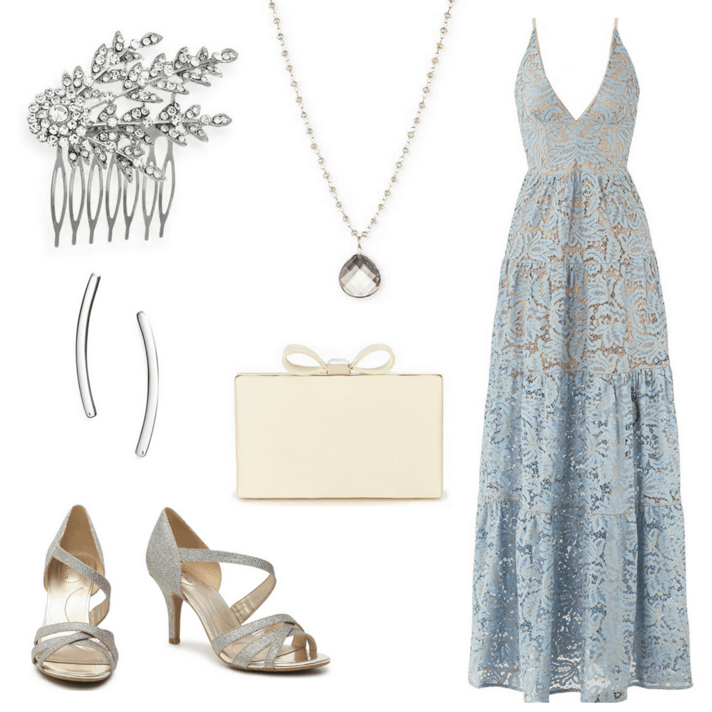 Get Rachel's look from Crazy Rich Asians: Crystal Hair Embellishment; Delicate Teardrop Necklace; Bow-Tie Clutch; Silver Heels; Curved Bar Silver Earrings