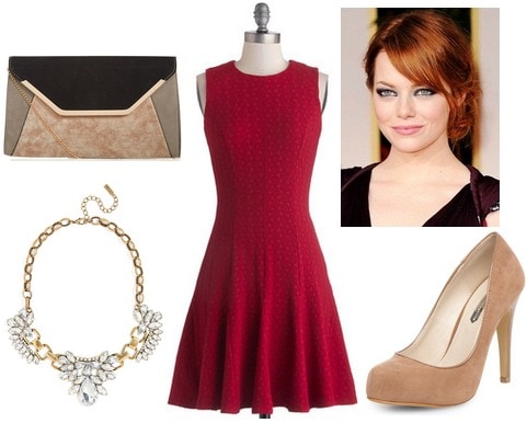 Crimson dress, camel pumps, colorblock clutch