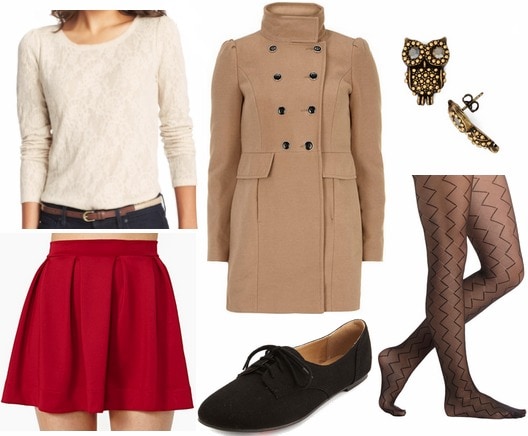 Crimson skirt camel coat lace top oxfords