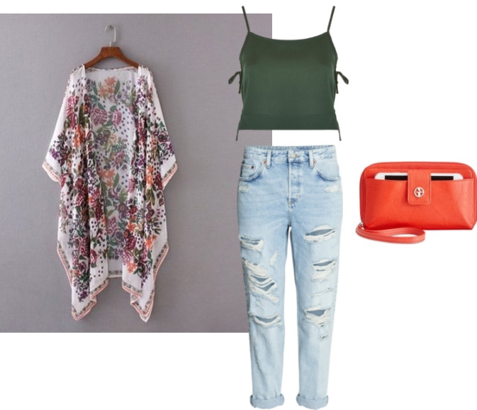 How to wear a floral kimono with a green crop top and orange clutch -- any neutral shoe would work with this outfit