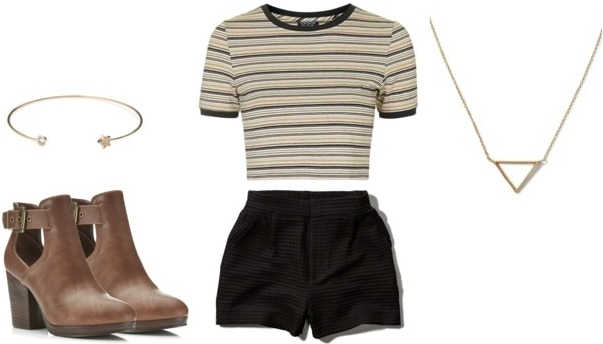 striped crop top, shorts, and booties