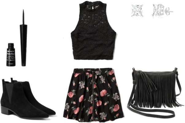 crop top, floral mini skirt, black boots