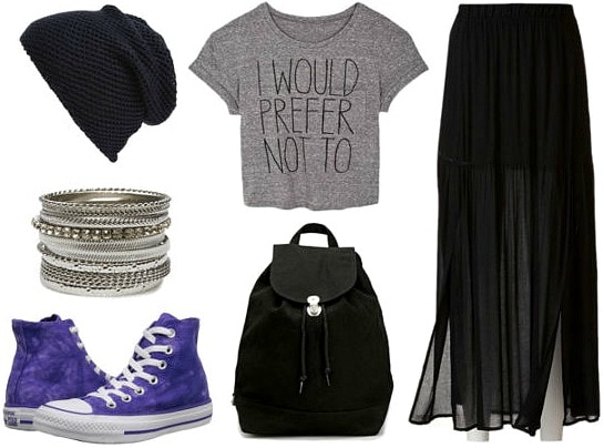 Cropped graphic tee and black maxi skirt look