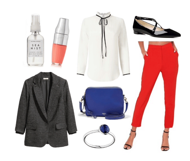 Work outfit idea with cropped red pants, black blazer, white bow blouse, and cobalt blue bag