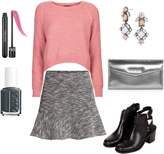 Cropped sweater, gray skirt, ankle booties