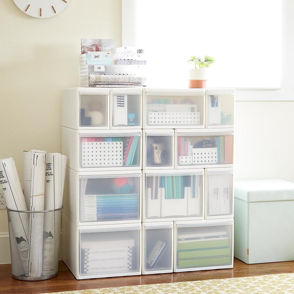 Dorm room storage ideas - White and clear cube storage drawers.