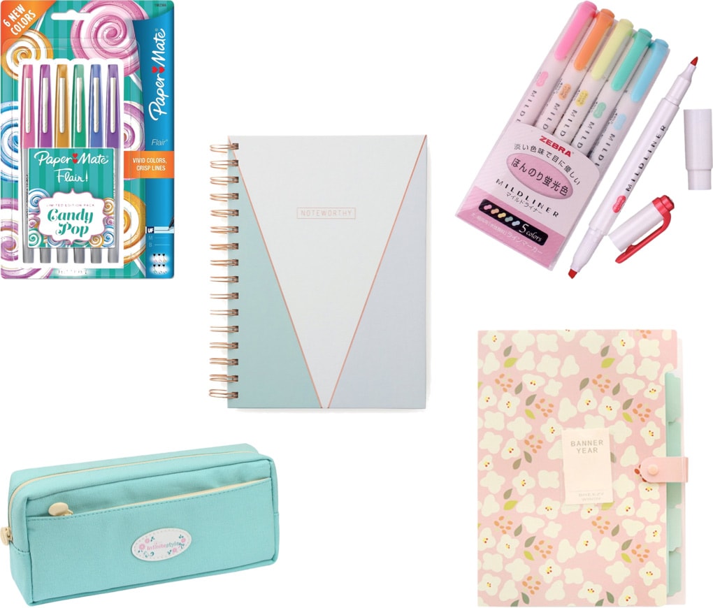 Cute school supplies for college: Colored pens, midliners, light blue pencil case, printed file folder, printed notebook
