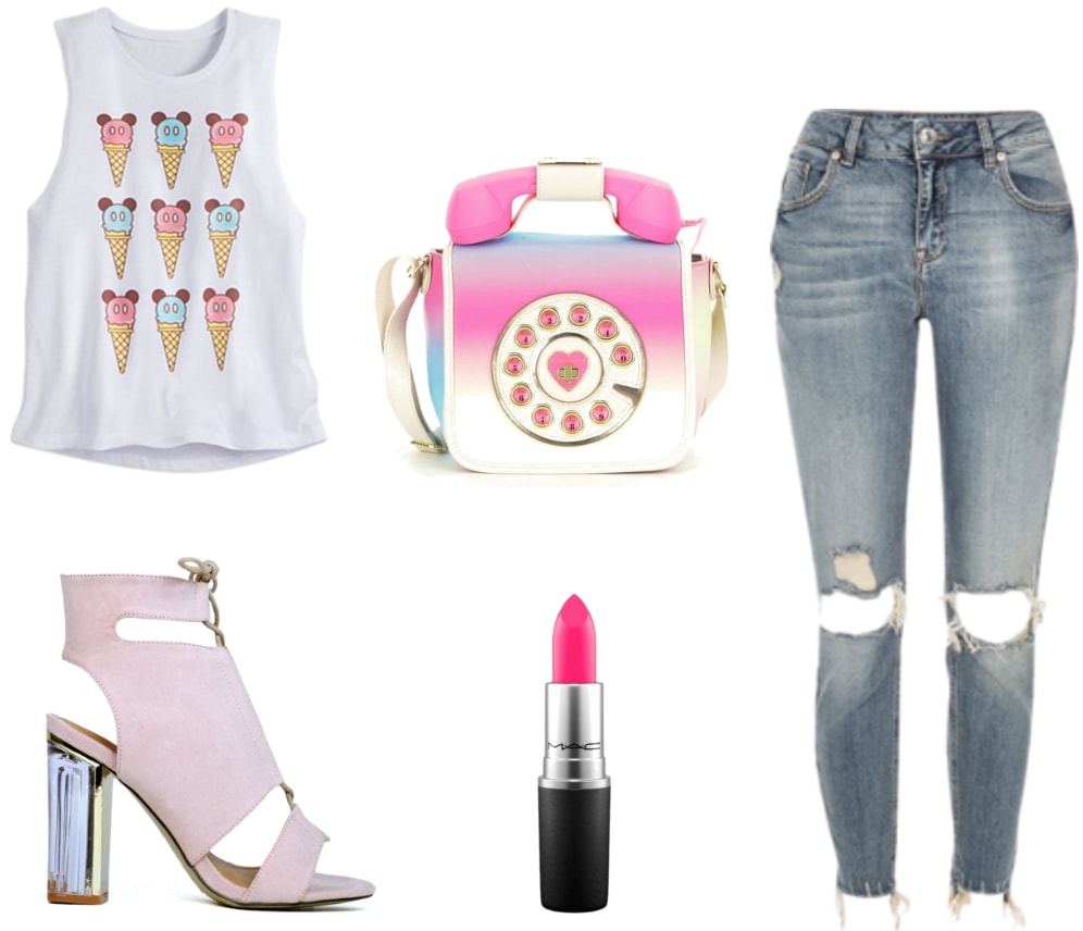 Outfit inspired by Cutester - ice cream top, phone purse, pink booties, ripped jeans