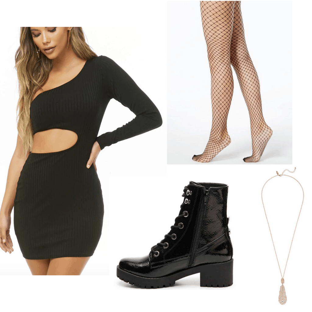 black cut-out dress with fish nets, combat boots, and gold necklace