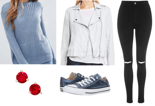 blue sweater gray motorcycle jacket black ripped jeans metallic blue converses red earrings teen titans casual cosplay teen titans cyborg outfit