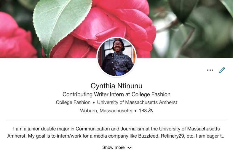 Cynthia's profile page