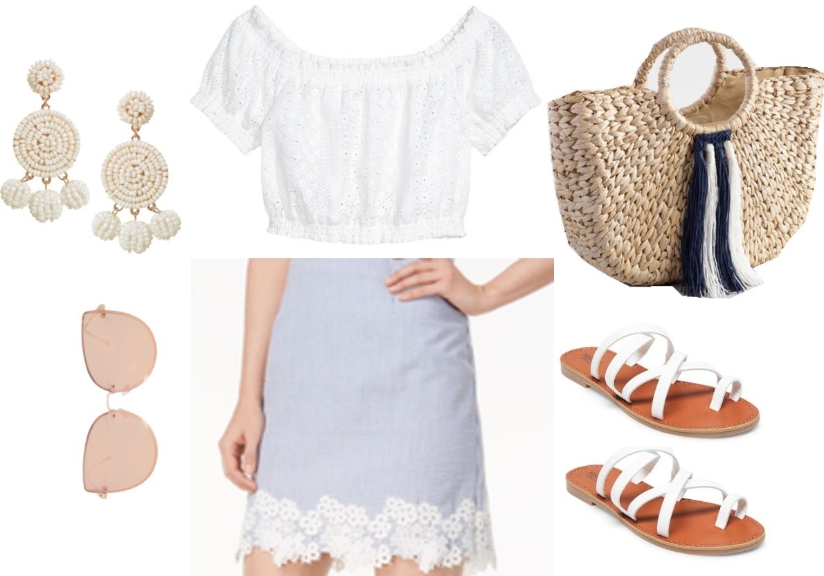 Dainty and classic embroidered skirt outfit with light blue seersucker embroidered skirt, white strappy sandals, beaded tassel earrings, wicker bag, rose colored sunglasses