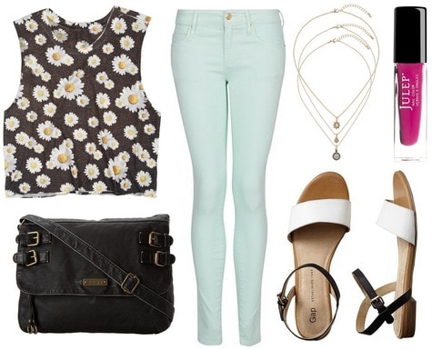 Daisy print tank, pastel jeans, sandals
