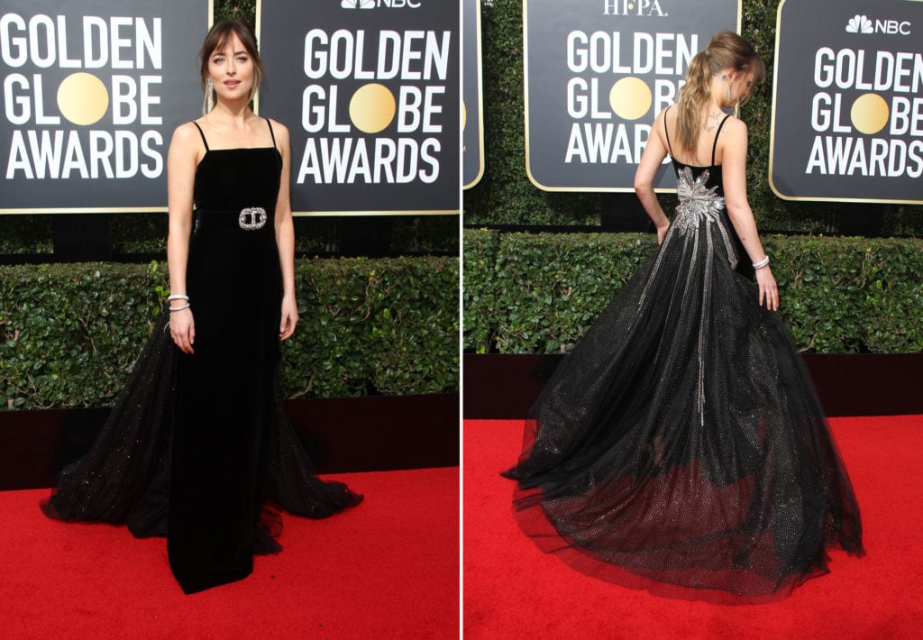 Dakota Johnson in a black Gucci gown with embellished back at the 2018 Golden Globe Awards red carpet