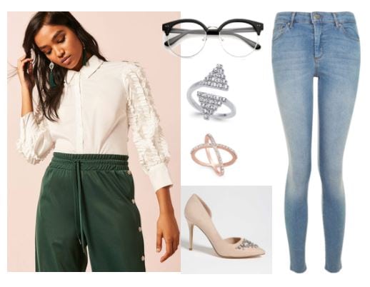 Styling for the young hip professional: Outfit with light wash skinny jeans, embellished sleeve blouse, rhinestone studded nude heels, statement rings, plastic frame glasses