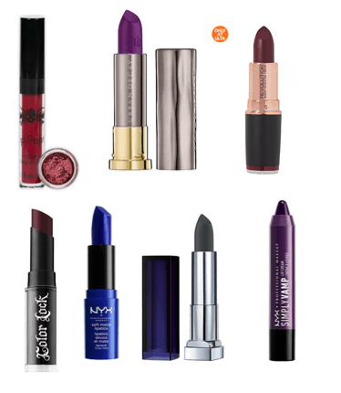 How to look edgy: Dark lipstick. Seven lipsticks in different colors, including red, purple, blue, and green