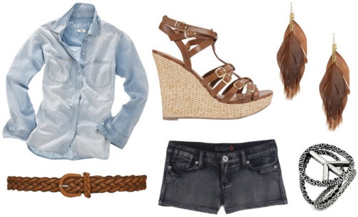 Dazed and Confused outfit 3: Denim shirt and denim shorts, cork wedges