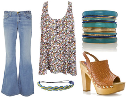 Dazed and Confused outfit 2: Bellbottoms, loose floral tank, wooden platforms