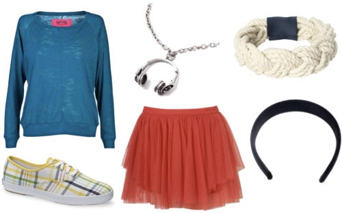 Dazed and Confused outfit 1: Red skirt, blue sweater, plaid sneakers