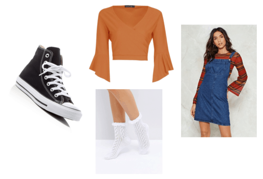 Doki Doki Literature Club Natsuki Outfit Inspiration: White Frill Socks, High-Top Sneakers, Denim Overall Dress and Orange Ruffle Sleeve Wrap Top