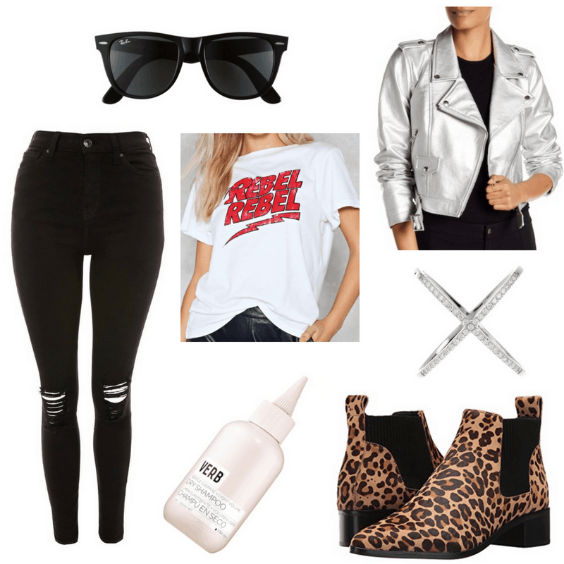 Le style Debbie Harry : Tenue inspirée de Debbie Harry avec un jean skinny déchiré, des bottes chelsea à imprimé léopard, un shampooing sec, un tee-shirt graphique Rebel Rebel, une veste moto métallique, des lunettes de soleil Wayfarer