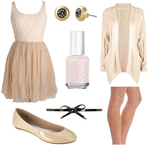 Outfit inspired by Degas Ballet Rehearsal on Stage - Ballerina-inspired dress, flats, nail polish, knit cardigan, studs, tights