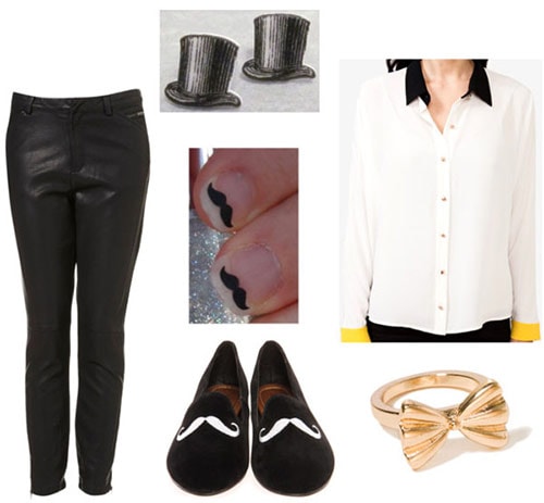 Outfit inspired by Degas Ballet Rehearsal on Stage - Tuxedo pants, button-down shirt, hat earrings, menswear-inspired flats