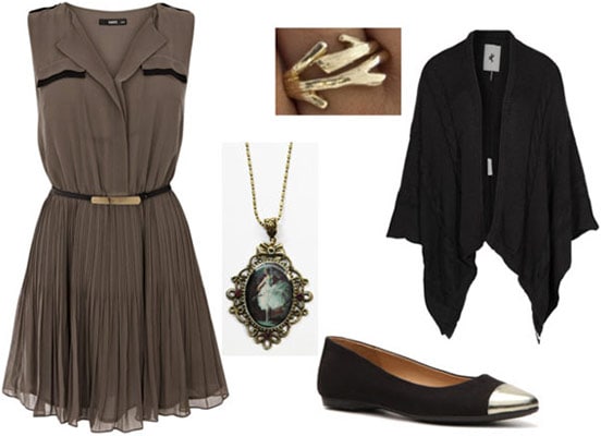 Outfit inspired by Degas Ballet Rehearsal on Stage - Neutral dress, flowing cardigan, metallic-tipped flats, accessories