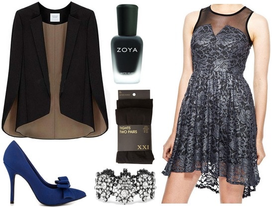 Delia's party dress, blue pumps, cape blazer