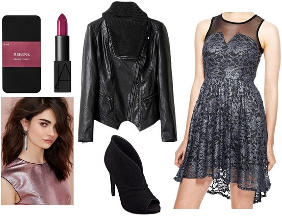 Delia's party dress, moto jacket, ankle booties