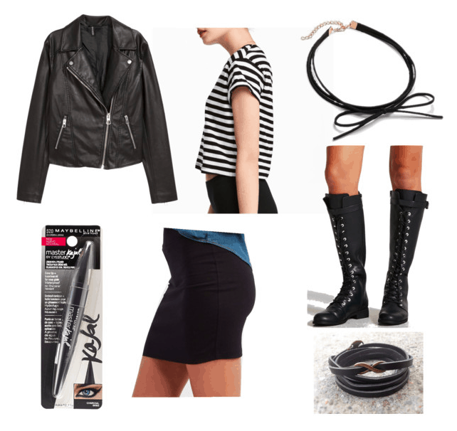 Atomic Blonde Fashion: Outfit inspired by Delphine with black mini skirt, black leather jacket, black and white striped tee, black knee-high lace up boots, black choker and kohl liner