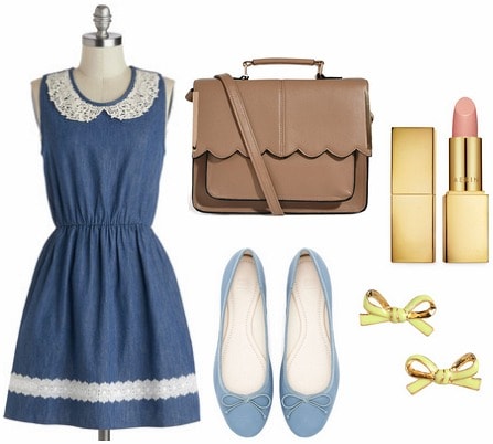 Denim fit and flare dress, ballet flats, scalloped purse