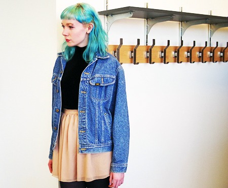 Denim jacket and chiffon skirt outfit