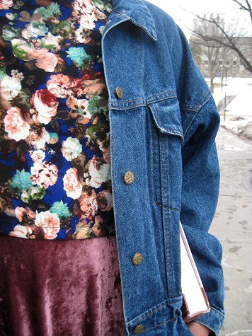 denim jacket, floral and velvet dress