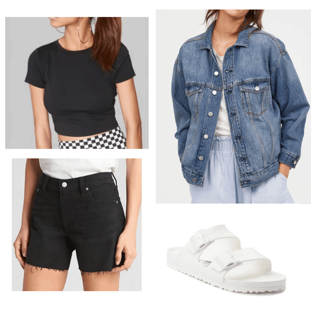 Baggy denim jacket with black crop top, black distressed shorts, and white birkenstock sandals