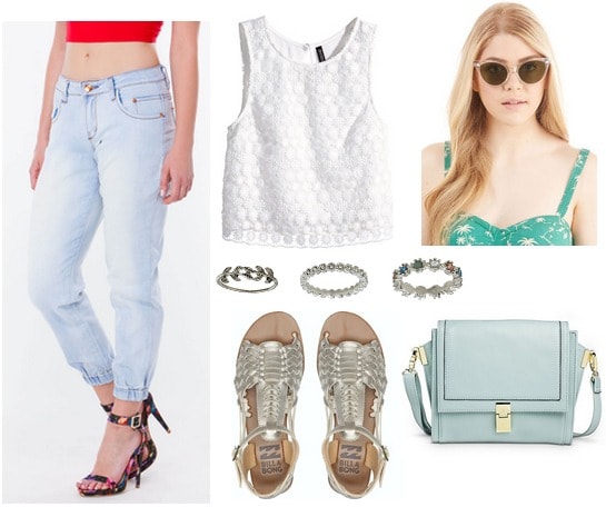 denim joggers, white blouse, metallic sandals