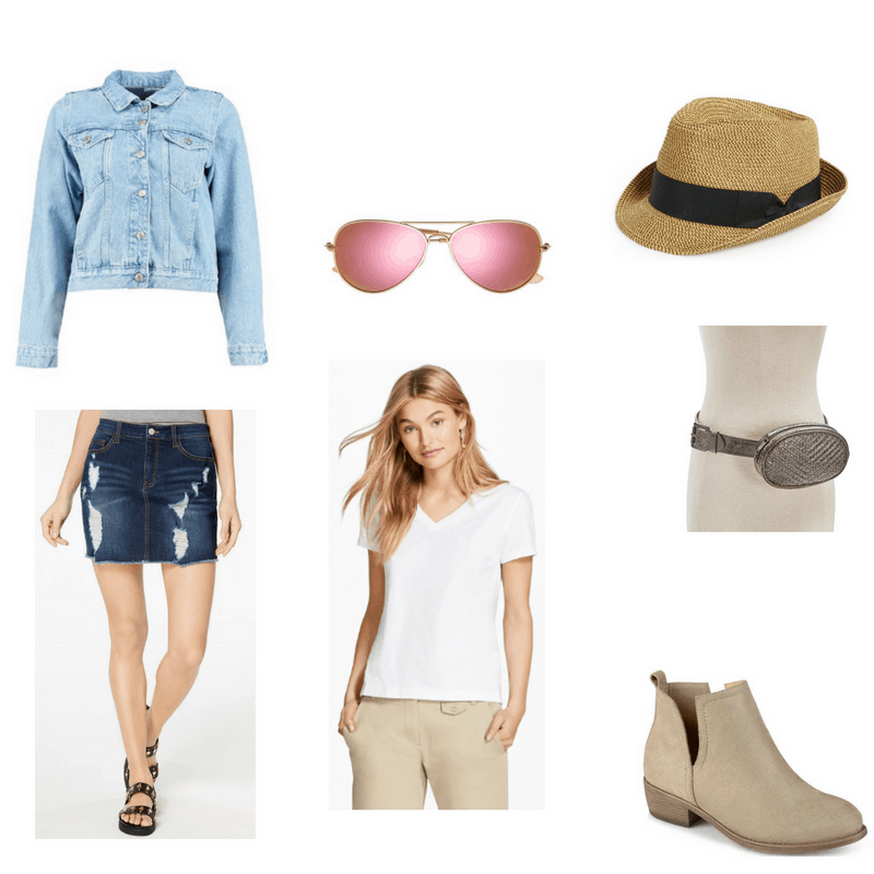 Outfit with light wash denim jacket, dark wash denim skirt, pink tinted aviator sunglasses, straw fedora, studded fanny pack, white tee, and ankle boots