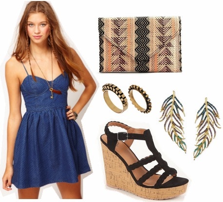 Denim polka dot dress, wedges, printed clutch