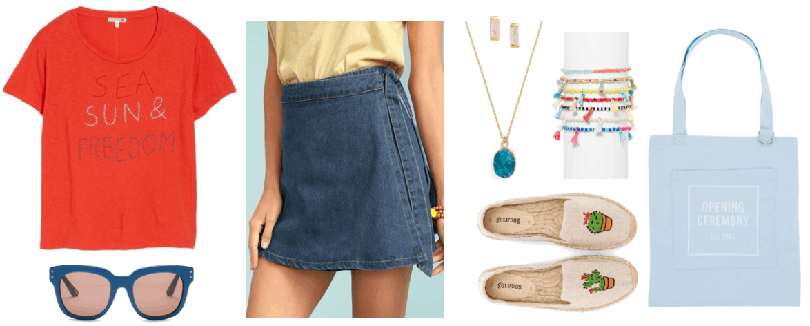 "Four Fresh Ways to Wear a Denim Skirt in 2017" Outfit #3 featuring faded red short-sleeved t-shirt with "SEA SUN & FREEDOM" stitching in red, white, and blue; peacock-blue square-ish sunglasses with peach lenses, medium-wash wrap denim mini skirt with tie, gold rectangular earrings with moonstone, gold necklace with turquoise druzy pendant, set of seven small colorful beaded bracelets with tassels, pale beige canvas platform espadrilles with mismatched cactus embroidery, pale blue tote with Opening Ceremony logo in white
