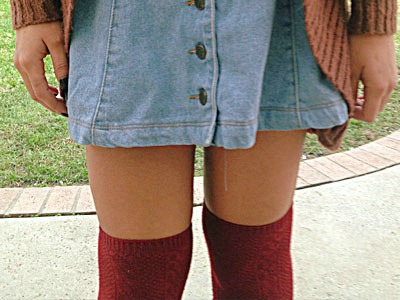 Denim skirt and thigh high socks