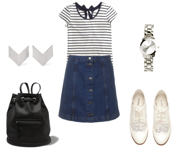 denim skirt class outfit