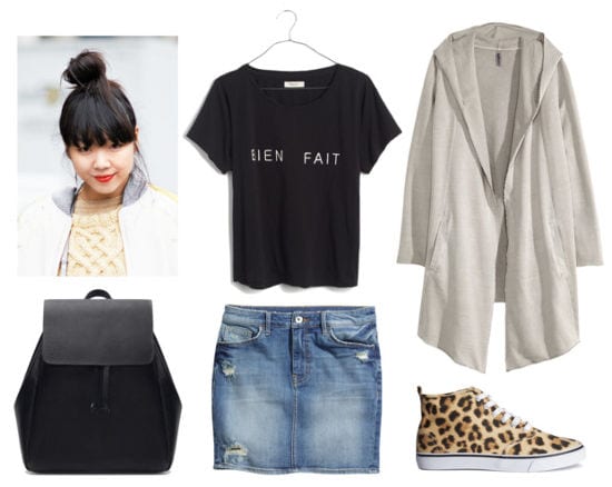 denim skirt, graphic tee, leopard shoes