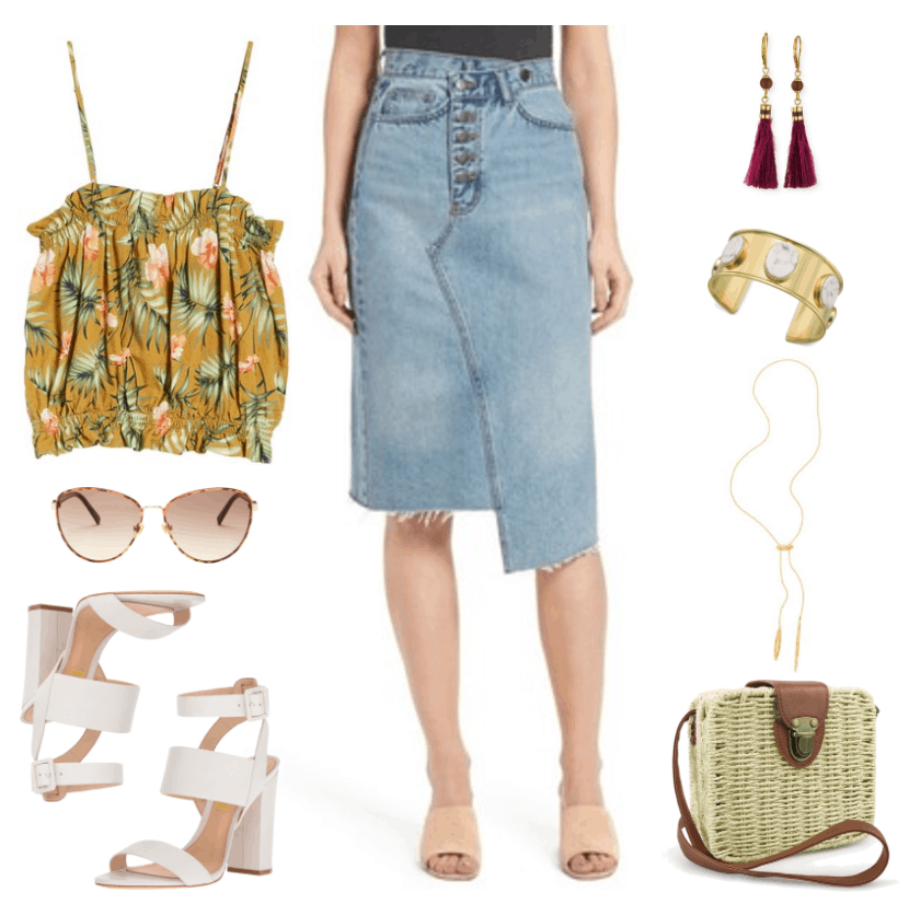 "Four Fresh Ways to Wear a Denim Skirt in 2017" Outfit #4 featuring mustard-yellow spaghetti-strap cropped top with tropical floral print, aviator-style tortoise sunglasses with brown lenses, white block-heeled strappy sandals, light-wash asymmetrical-hem denim pencil skirt, gold earrings with purple bead and feather tassel, large gold cuff bracelet with marbled white oval-shaped stones, gold bolo necklace, woven box bag with brown faux-leather strap and opening detail and brass clasp