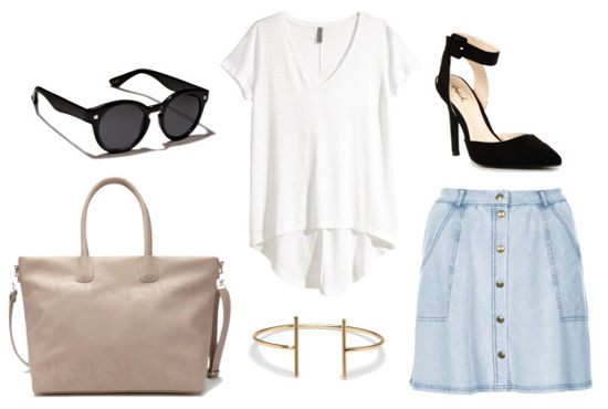 denim skirt and white tee