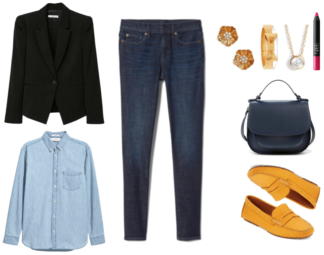 Black single-button blazer, light-wash denim shirt with chest pocket and button-down collar, mid-rise dark-wash skinny jeans, gold Poppy-shaped stud earrings with small white stones at center, gold medium-width bow bangle, gold necklace with round clear stone pendant, Nars Velvet Matte Lip Pencil in "Let's Go Crazy," a bright fuchsia pink; midnight-blue cross-body faux-leather saddle bag with top-handle, school-bus-yellow driving moccasins