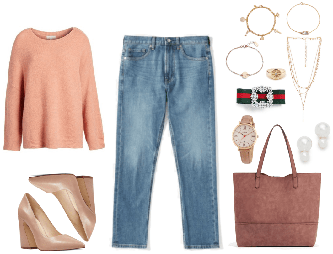 Peach-pink crewneck sweater with snap shoulder, beige leather flared block-heel pointed-toe pumps, light-wash slim boyfriend jeans. gold charm bracelet with clear stones, gold bracelet with marquise-set clear stones, rose gold bracelet with heart-stamped disc, gold signet ring with starburst with clear stone at center, gold triple-strand lariat necklace, red-and-green bow hair clip with pearl embellishment at center, watch with camel-colored band, tan dial, and rose-gold hardware, dusty-pink oversized faux-suede tote, double-pearl earrings