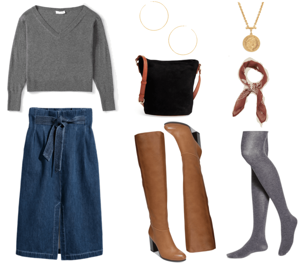 Gray cropped v-neck sweater, medium-wash high-waisted denim midi-length pencil skirt with tie waist, large skinny hammered gold hoop earrings, black slouchy suede cross-body bag with cognac-brown leather strap, tan knee-high boots with block heel, gold coin necklace, cognac-brown bandana with white pattern, opaque gray tights