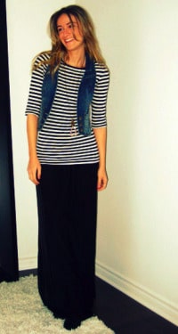 denim vest and long skirt