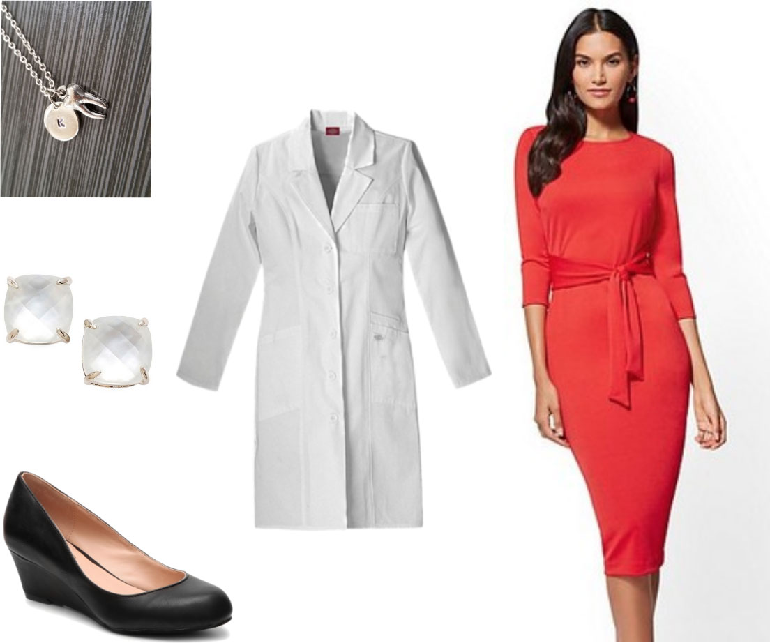 Dentistry white coat outfit -- red sheath dress, black wedges, clear earrings, tooth necklace